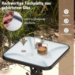 Side table, small garden table, weatherproof balcony table, square coffee table with tempered glass top,50 x 50 x 45 cm