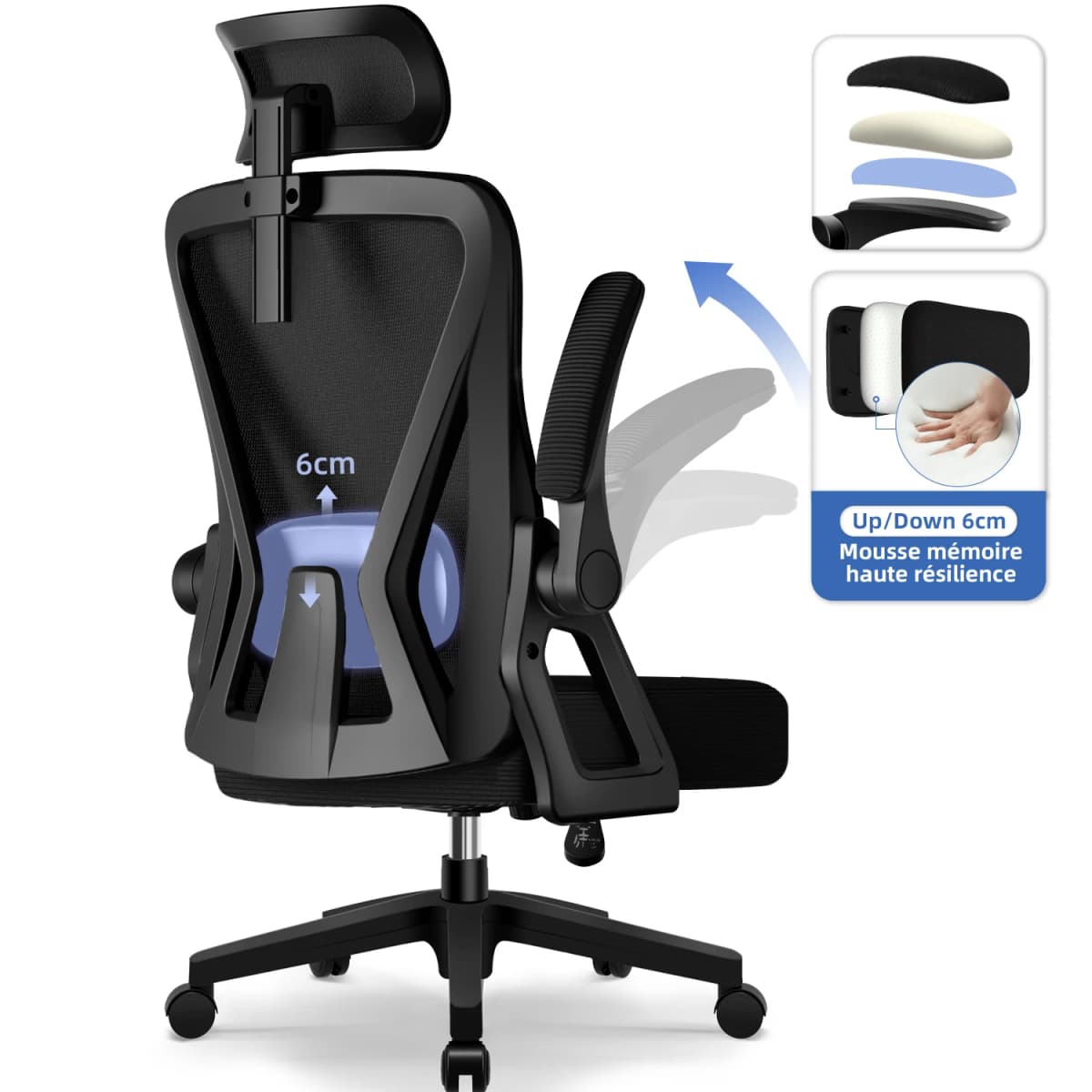 AUTHMIC Office Chair - Foldable Armrests, Reclining Backrest, Adjustable Headrest, Adjustable Lumbar, Max 150kg, Desk chair