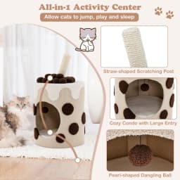 Cat tree with sisal posts and play balls, cute milk tea shape, 37x37x67cm coffee