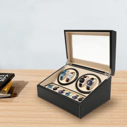 Automatic Watch Winder Display Box, 4+6 Rotation Leather Wood Watch Winder with Pillow Luxury Box Black/Brown