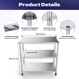 Kitchen workbench, commercial dining table, kitchen preparation table, 3-layer 201 stainless steel rack length 80x80x40cm