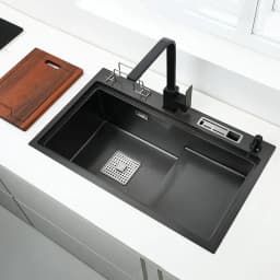 High and Low Kitchen Sink With Knife Holder Cutting Board Rack Stainless Steel Pia Matte Black Sink Vegetable Washing Basin