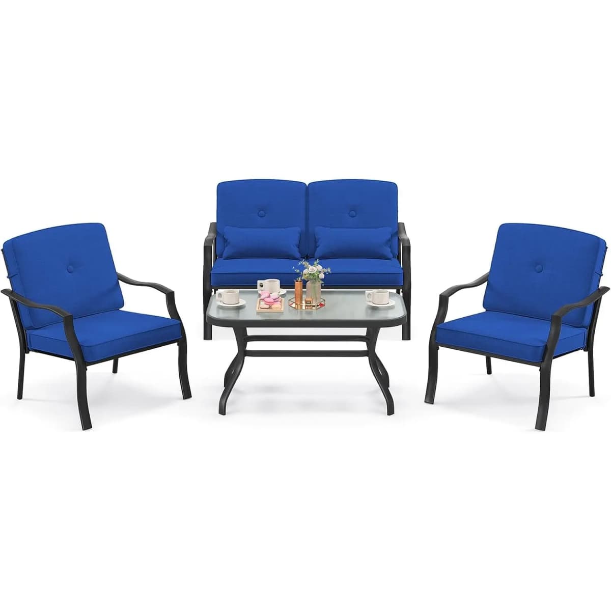 4-Piece Garden Furniture Set,Patio Furniture with Seat,Back and Waist Cushions,for 4 People,Set Including 2 Chairs,Bench & Table