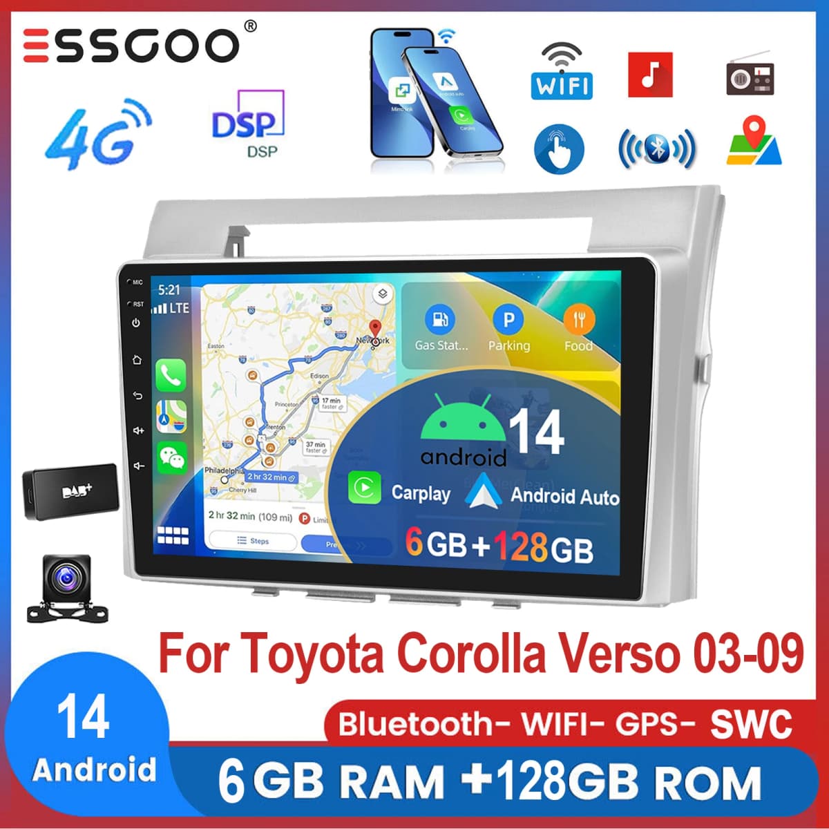 ESSGOO 9" For Toyota Corolla Verso 2003-09 Android 14 Car Stereo Radio Wireless Carplay Android Auto GPS Nav 4G WIFI DSP 6+128G