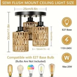 JOYINLED Handmade Rattan Ceiling Lamp Woven Boho Chandelier with E27 Socket Wicker Pendant Light for Bedroom Dining Hallway