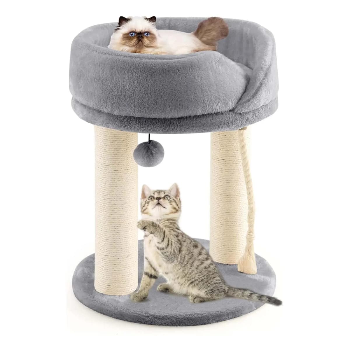 Small 4-in-1 Cat Scratching Post with Soft Seat & Base & Fur Ball and Sisal Rope, Wooden Cat Scratching Post, Cat Furniture