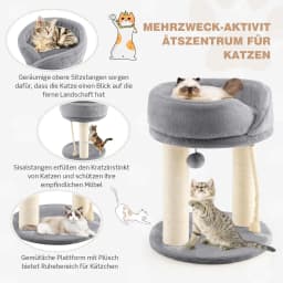 Small 4-in-1 Cat Scratching Post with Soft Seat & Base & Fur Ball and Sisal Rope, Wooden Cat Scratching Post, Cat Furniture