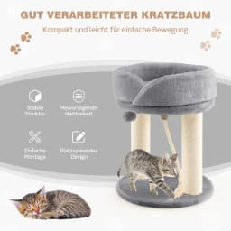 Small 4-in-1 Cat Scratching Post with Soft Seat & Base & Fur Ball and Sisal Rope, Wooden Cat Scratching Post, Cat Furniture