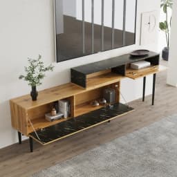 Modern TV cabinet with marble and wood grain design, PVC edges, iron legs, dark wood color, home decor