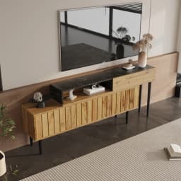 Modern TV cabinet with marble and wood grain design, PVC edges, iron legs, dark wood color, home decor