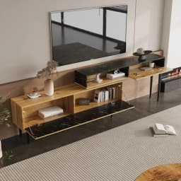 Modern TV cabinet with marble and wood grain design, PVC edges, iron legs, dark wood color, home decor