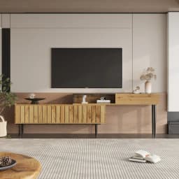 Modern TV cabinet with marble and wood grain design, PVC edges, iron legs, dark wood color, home decor
