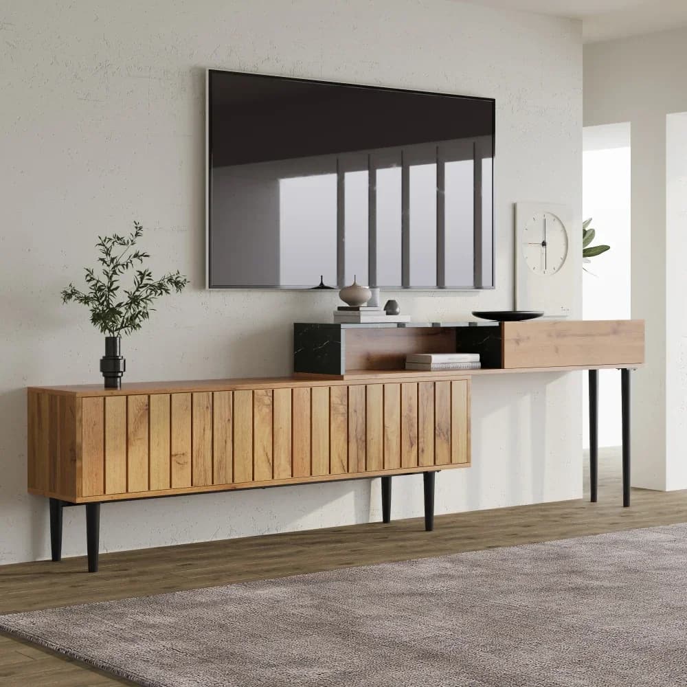 Modern TV cabinet with marble and wood grain design, PVC edges, iron legs, dark wood color, home decor