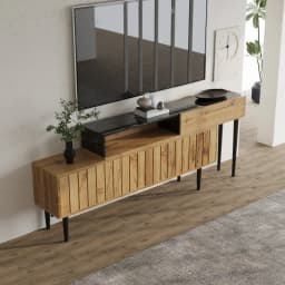 Modern TV cabinet with marble and wood grain design, PVC edges, iron legs, dark wood color, home decor