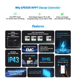 EPEVER 100A MPPT Solar Charge Controller Inside Bluetooth IP43 Waterproof 12/24/48V DC Auto Dual PV Panel Input Support LiFePO4