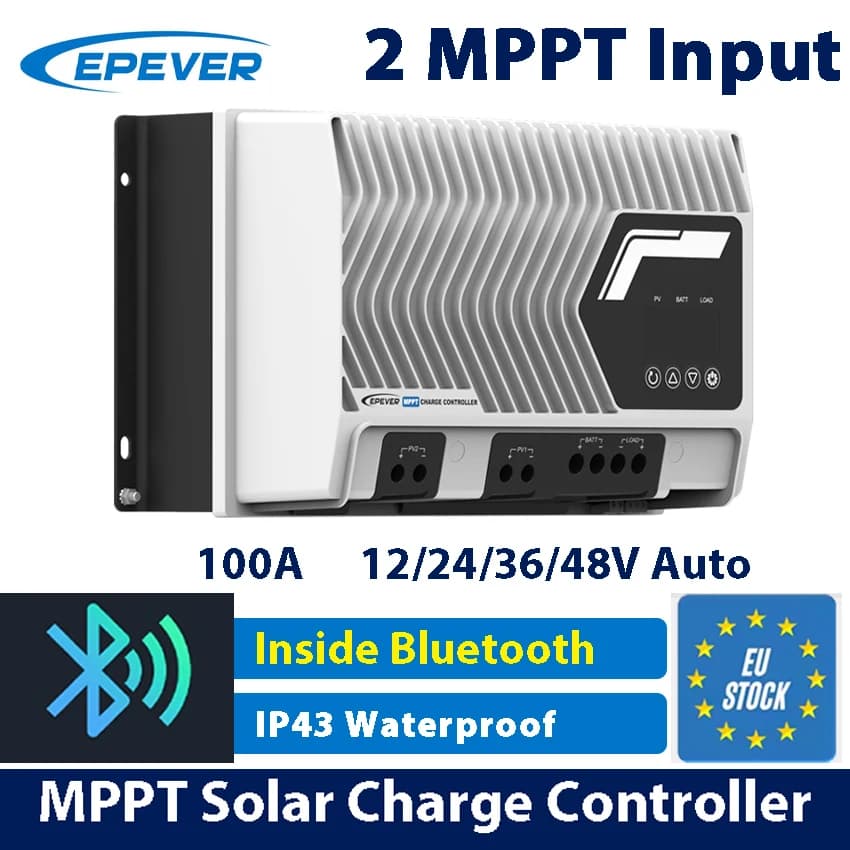 EPEVER 100A MPPT Solar Charge Controller Inside Bluetooth IP43 Waterproof 12/24/48V DC Auto Dual PV Panel Input Support LiFePO4