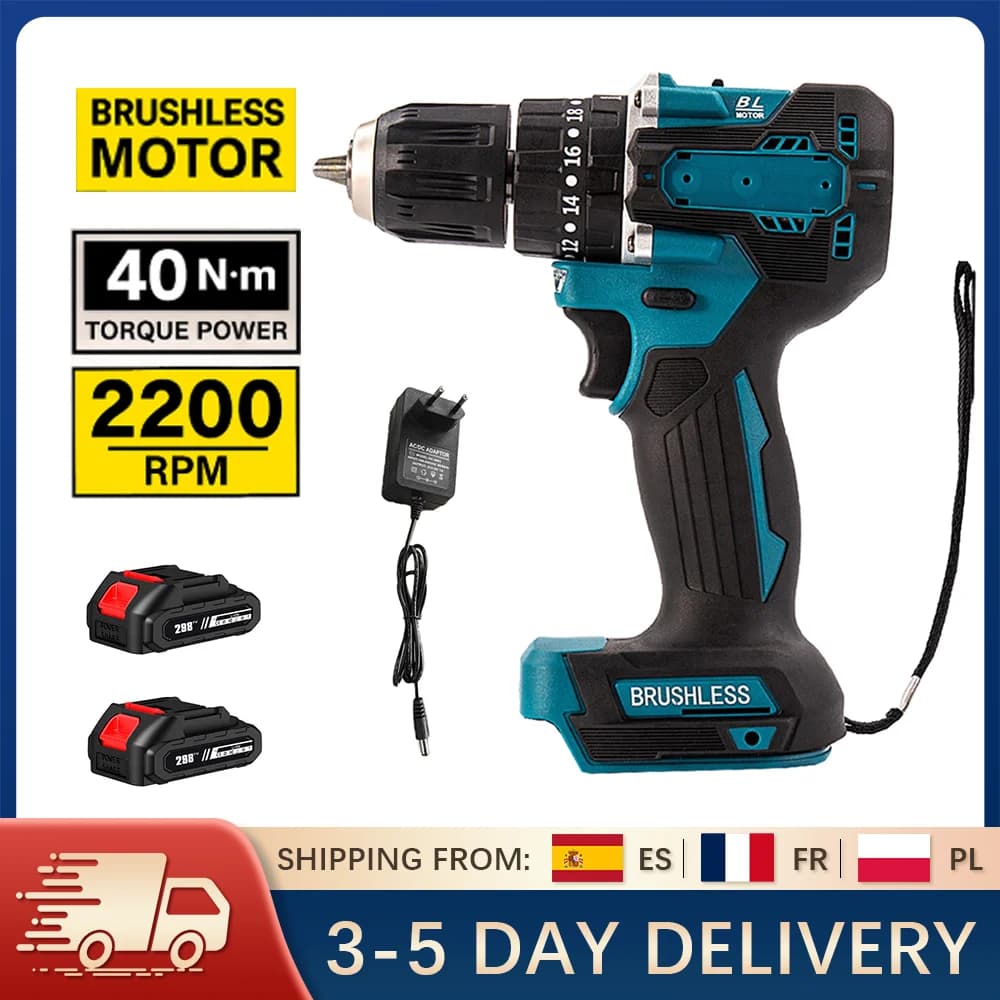 Brushless Electric Impact Drill 40Nm 2200RPM Cordless Screwdriver Power Tool Compatible with Makita 18V Battery With Impact Mode