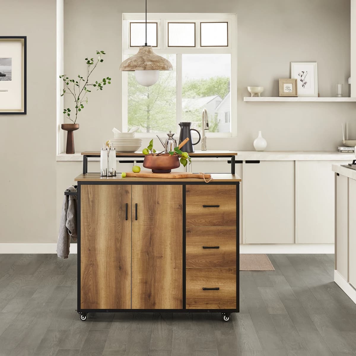 Sobuy Knl02-Pf Design Kitchen Cart with Countertop Kitchen Island with Doors and Drawers Sideboard on Wheels Kitchen Trolley