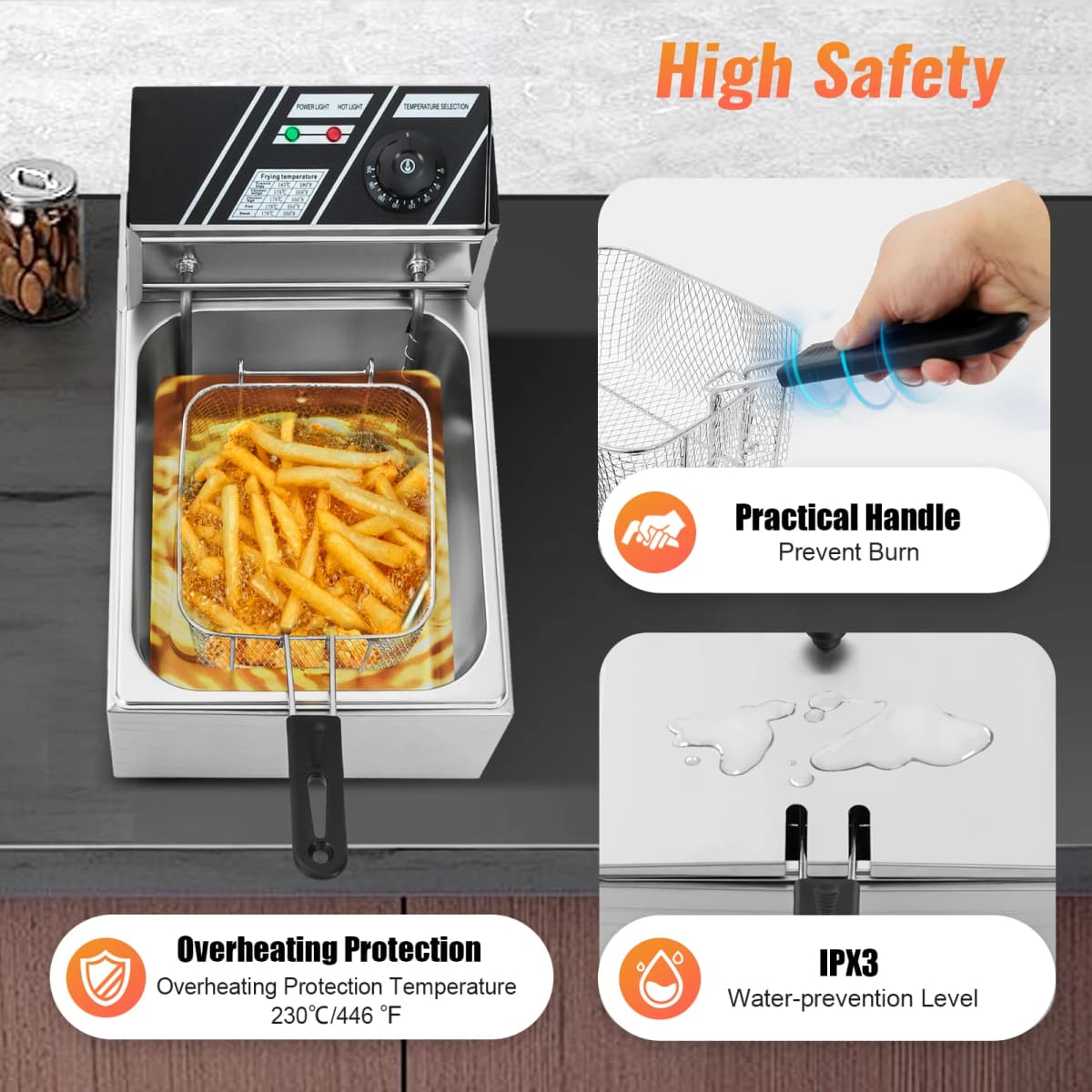 6L 2.5kw Stainless Steel Single Tank Electric Fryer Electric Submersible Fryer for Making Chips, Fried Chicken