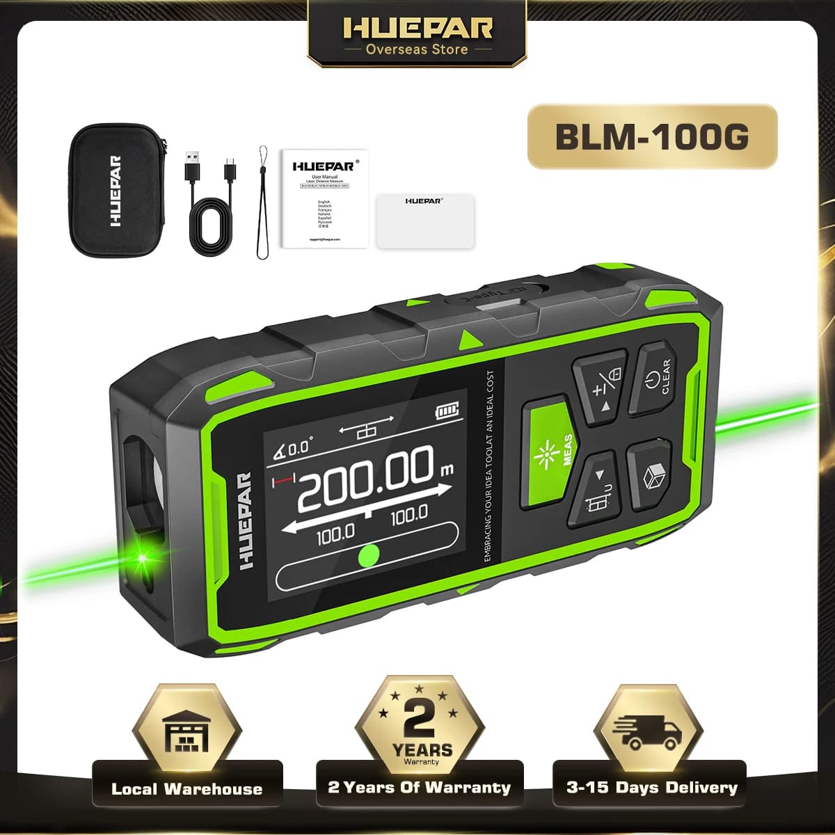 Huepar BLM-100G Dual Laser Rangefinder 200M Green Beam Laser Measure Meter Unit High Accuracy Measurement Tool & LCD Backlit
