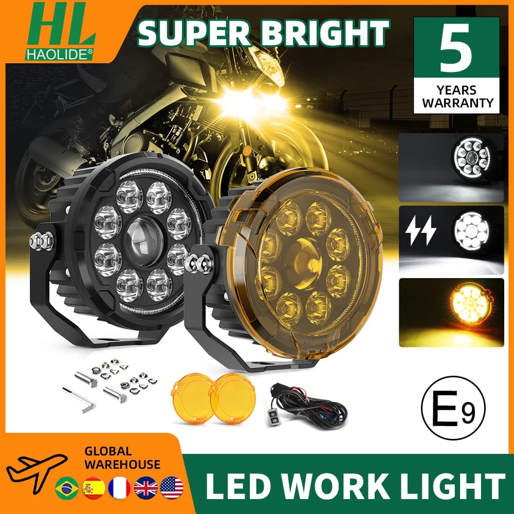 HAOLIDE Newest Amber Strobe 5" Motorcycle Work Light With Wire Harness White Yellow LED Driving Lights For Motorbike BMW 12V-80V