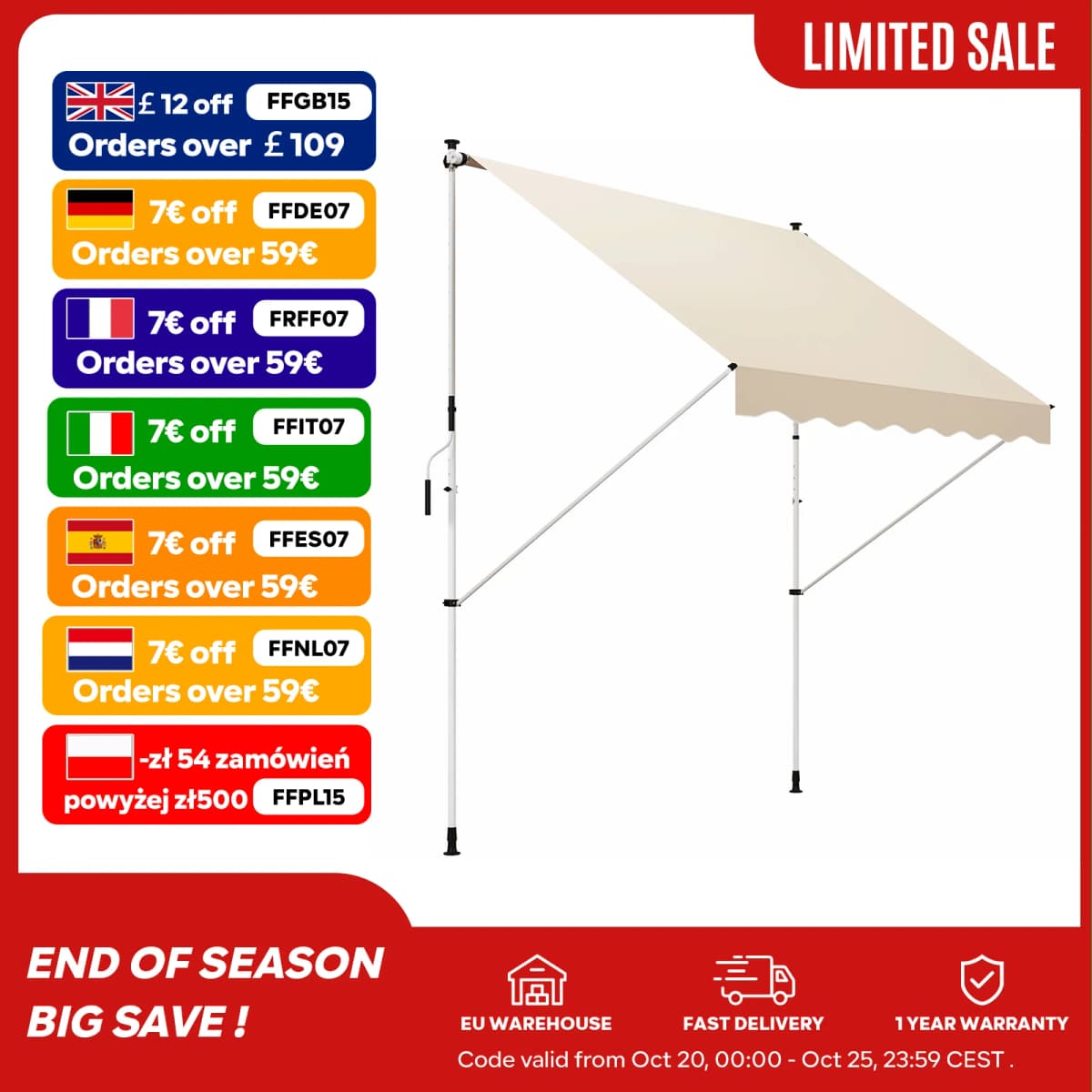 Aluminum pincer stand with handle, adjustable height, Polyester, for Beige balcony garden terrace