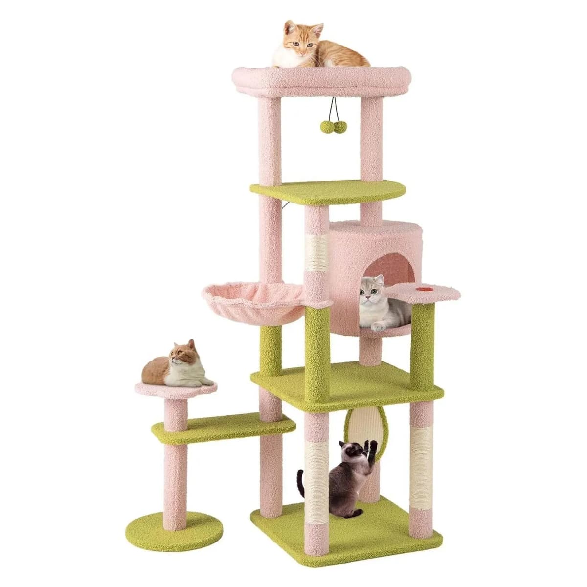 148 cm Cat Scratching Post, Flower Theme, Multi-Tier Cat Tree with Cat Cave, Hammock, Sisal Posts, Scratching Board, Ball