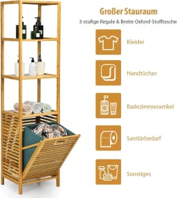 2 in 1 Bathroom Shelf & Laundry Basket, Tall Cabinet for Bathroom Made of Bamboo with 3 Shelves, Laundry Cabinet