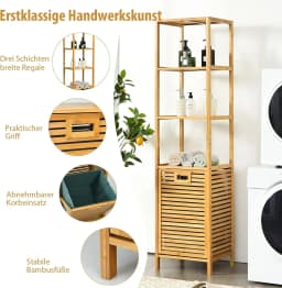 2 in 1 Bathroom Shelf & Laundry Basket, Tall Cabinet for Bathroom Made of Bamboo with 3 Shelves, Laundry Cabinet