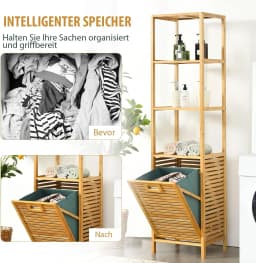 2 in 1 Bathroom Shelf & Laundry Basket, Tall Cabinet for Bathroom Made of Bamboo with 3 Shelves, Laundry Cabinet