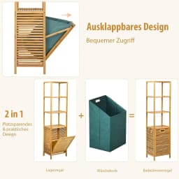 2 in 1 Bathroom Shelf & Laundry Basket, Tall Cabinet for Bathroom Made of Bamboo with 3 Shelves, Laundry Cabinet