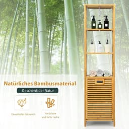 2 in 1 Bathroom Shelf & Laundry Basket, Tall Cabinet for Bathroom Made of Bamboo with 3 Shelves, Laundry Cabinet