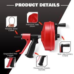 Handheld Red Drain Snake Unblocker Pipe Cleaning Spiral with Drill Attachment Remove Hair and Blockage Fits Almost All Drains