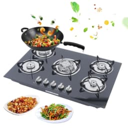 Kitchen 5 Burners Built-in Gas Hob Cooktop Tempered Glass Surface & Porcelain Enamel Grates for Natural Gas Lpg Gas