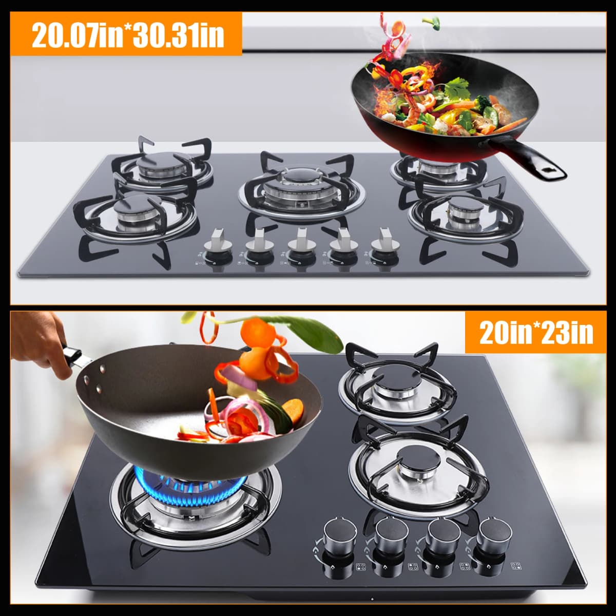 Kitchen 5 Burners Built-in Gas Hob Cooktop Tempered Glass Surface & Porcelain Enamel Grates for Natural Gas Lpg Gas