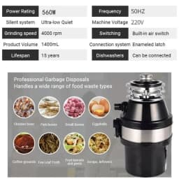 Kitchen Garbage Disposal 560W Stainless Steel Waste Disposer Food Crusher for Residue Processor Home Kitchen