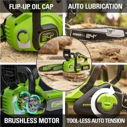 Greenworks 24V 12" Brushless Cordless Compact Chainsaw Great For Storm Clean-Up, Pruning, and Firewood / 125+ Compatible Tools
