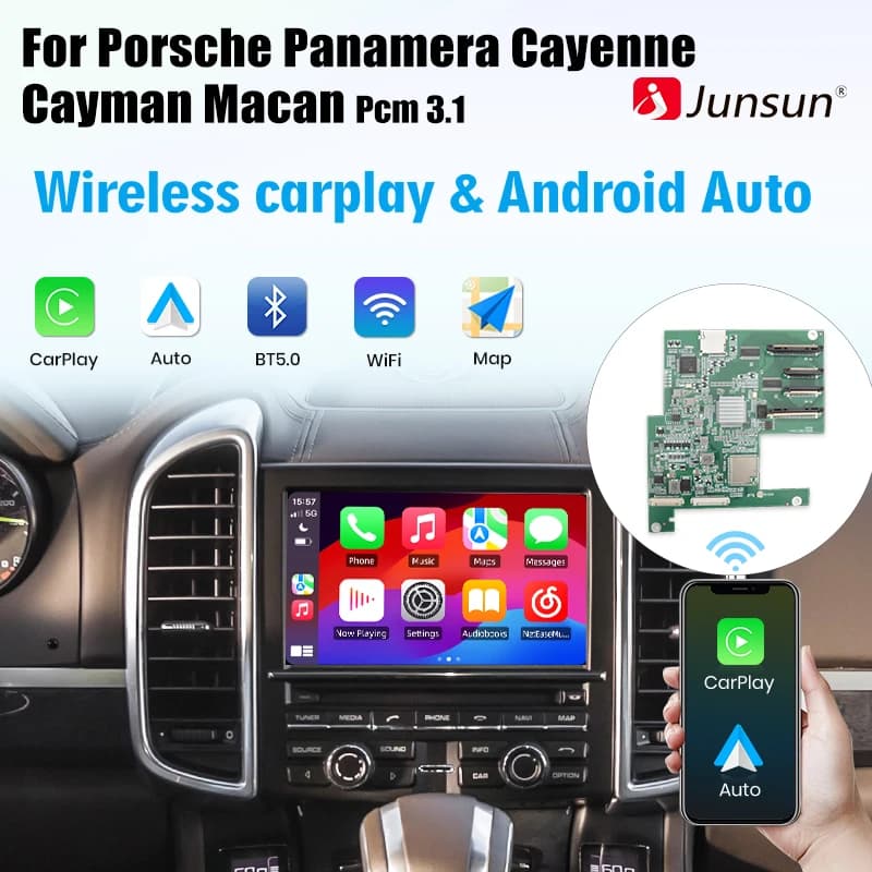 Junsun Wireless CarPlay Android Auto For Porsche Panamera Cayenne Cayman Macan Boxster 911 991 718 PCM3.1 AirPlay Mirror Link