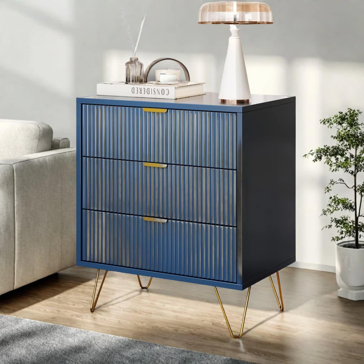Rosahqnda Gold-plated Leg Bedside Table,Vertical Grain with Drawers,Suitable for Bedroom,Living Room,Dark Blue