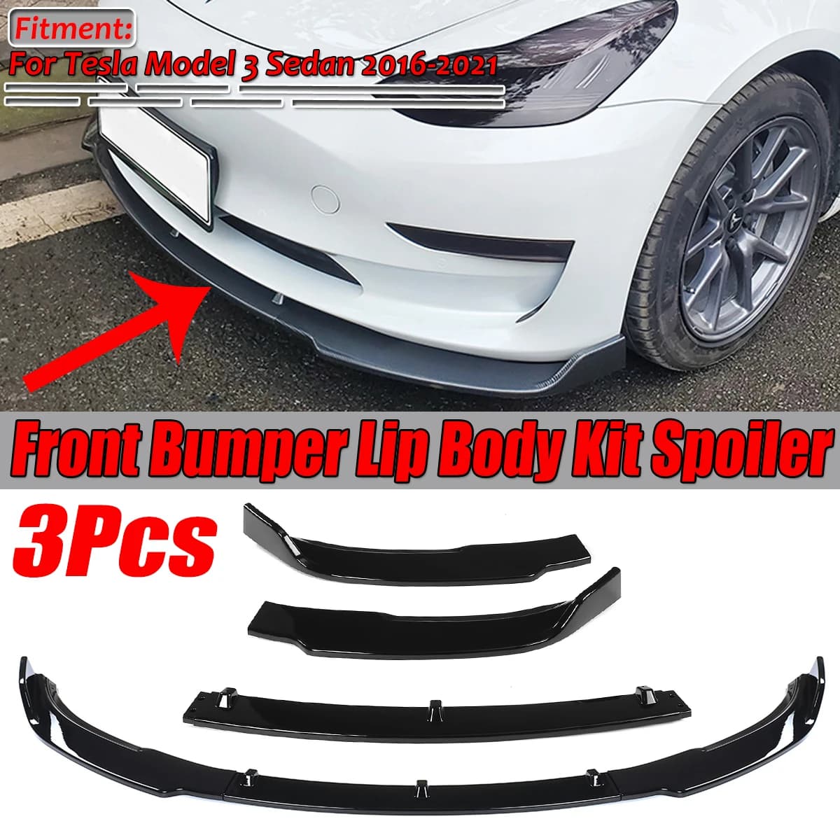 Car Front Bumper Lip Body Kit Spoiler Splitters Body Kit Detachable For Tesla Model 3 Sedan 2016 2017 2018 2019