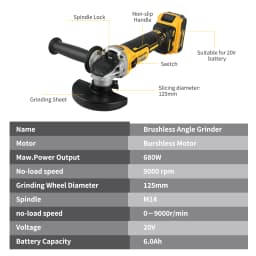 20V Brushless Angle Grinder for Metal Cutting & Polishing | 680W, 9000rpm, 125mm Wheel | M14 Spindle |Fits Dewalt 20V Battery