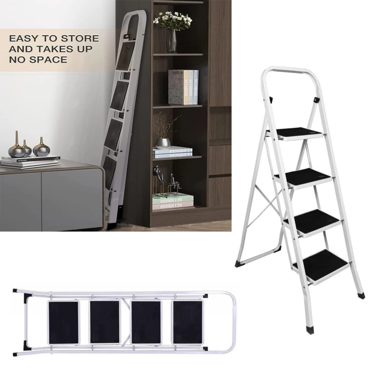 4 Tread Step Ladders Steel Heavy Duty Folding Stool 150kg Capacity with Anti-Slip Mat for Home Garden Works Indoor Outdoor