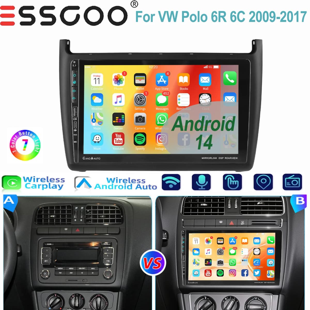 ESSGOO 9" IPS Touchscreen For VW Polo 6R 6C 2009-2017 Carplay Android auto Android 14 GPS NAVI WIFI BT FM USB Type-C Car Stereo