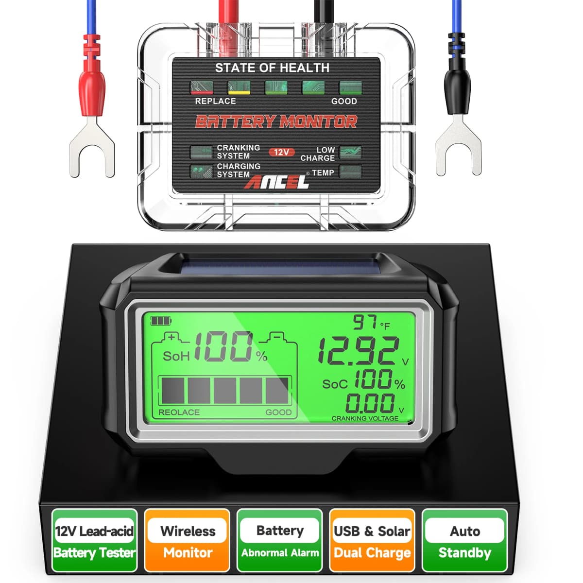 ANCEL BM200 PRO 12V Car Battery Capacity Tester Monitor LED Display SOH SOC Battery Health Waterproof Analyzer Auto Tester Tool