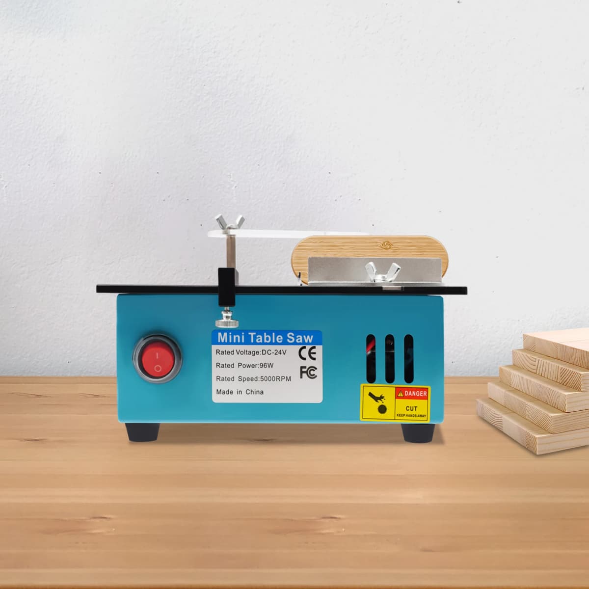Mini Table Saw 0-90° Cutting Angle Adjustable Small Table Saw w/ 4 Blades 5000r/min Mini Table Saw for DIY Cutting 