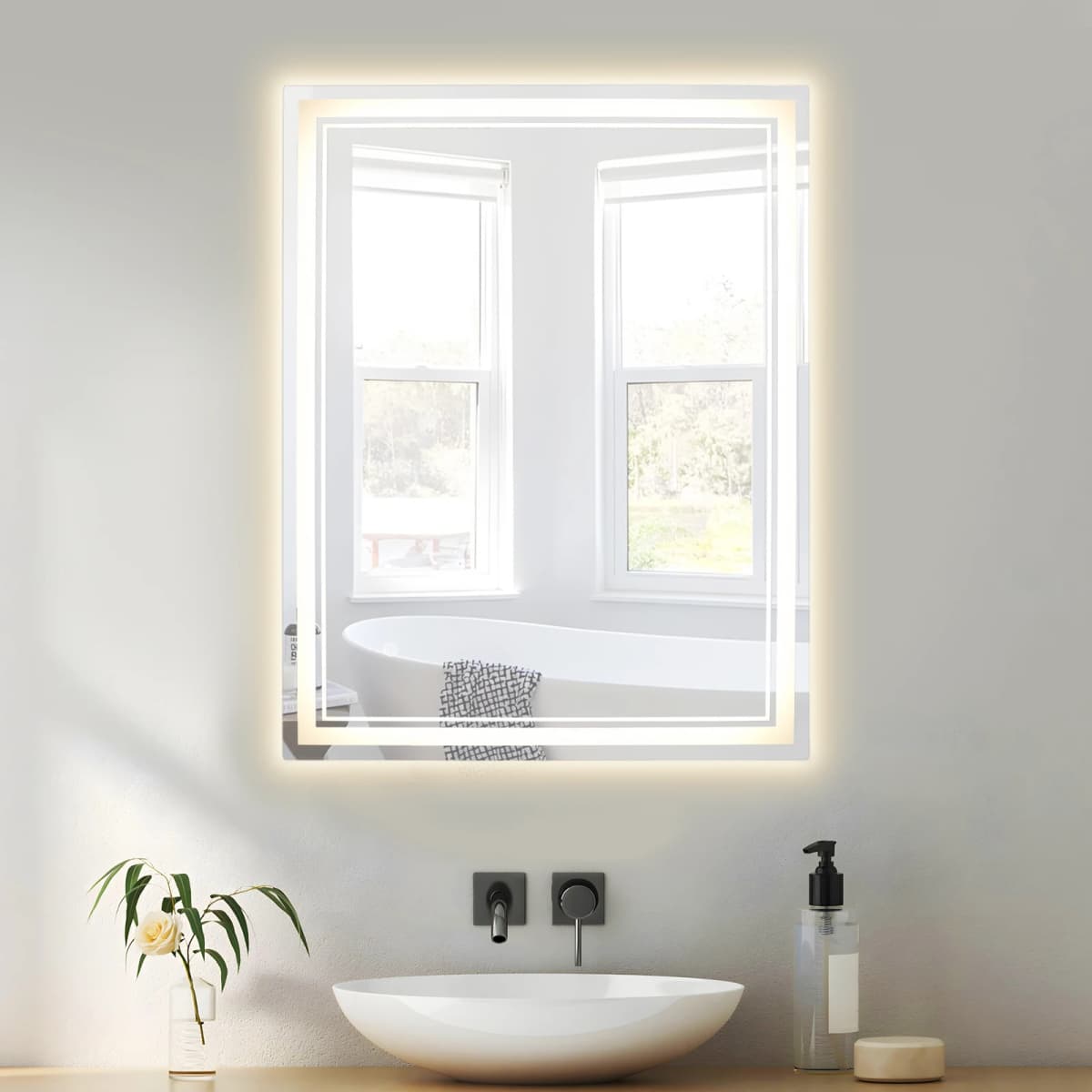 Vertical or Horizontal Mounting LED Bathroom Mirror with Touch Switch, 3000-4000-6000K Color Temperature, Stepless Dimming