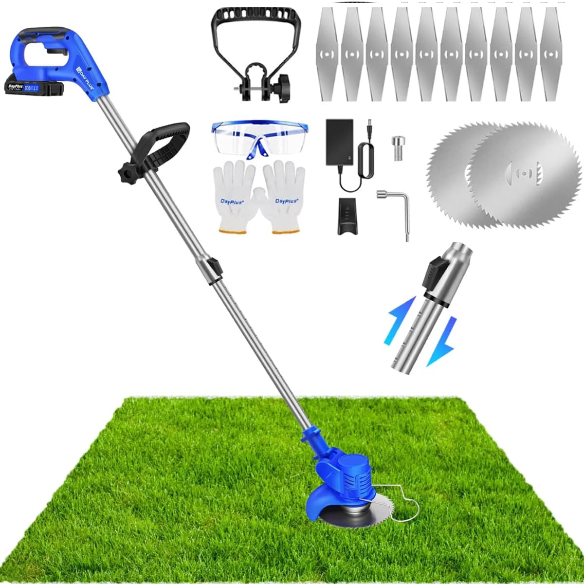 DayPlus 21V Metal Blade Cordless Strimmer Grass Trimmers With 10 Metal Blades 125mm Cutting Diameter for Lawn Garden