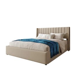 KOMHTOM Hydraulic double bed 180x200cm with upholstery, Wood slatted metal frame, linen, beige