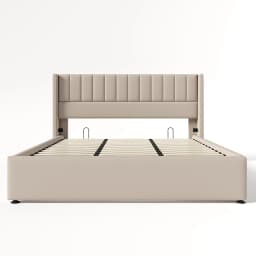 KOMHTOM Hydraulic double bed 180x200cm with upholstery, Wood slatted metal frame, linen, beige