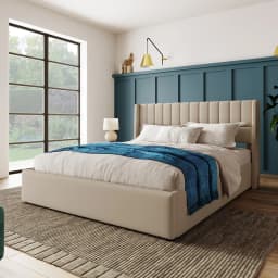 KOMHTOM Hydraulic double bed 180x200cm with upholstery, Wood slatted metal frame, linen, beige